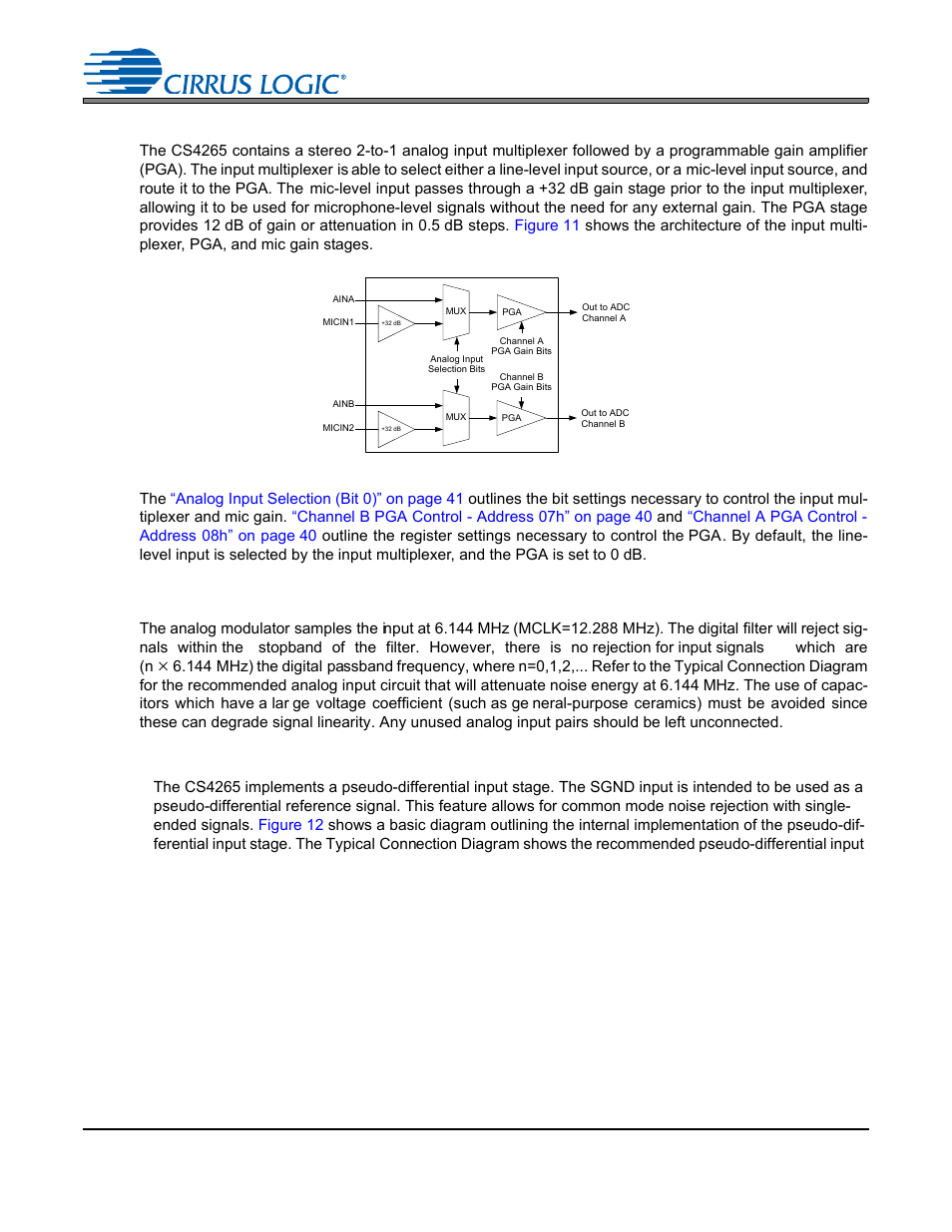4 analog input multiplexer, pga, and mic gain, Figure 11. analog input architecture, 5 input connections | 1 pseudo-differential input, Figure 11.analog input architecture, Cs4265 | Cirrus Logic CS4265 User Manual | Page 27 / 57