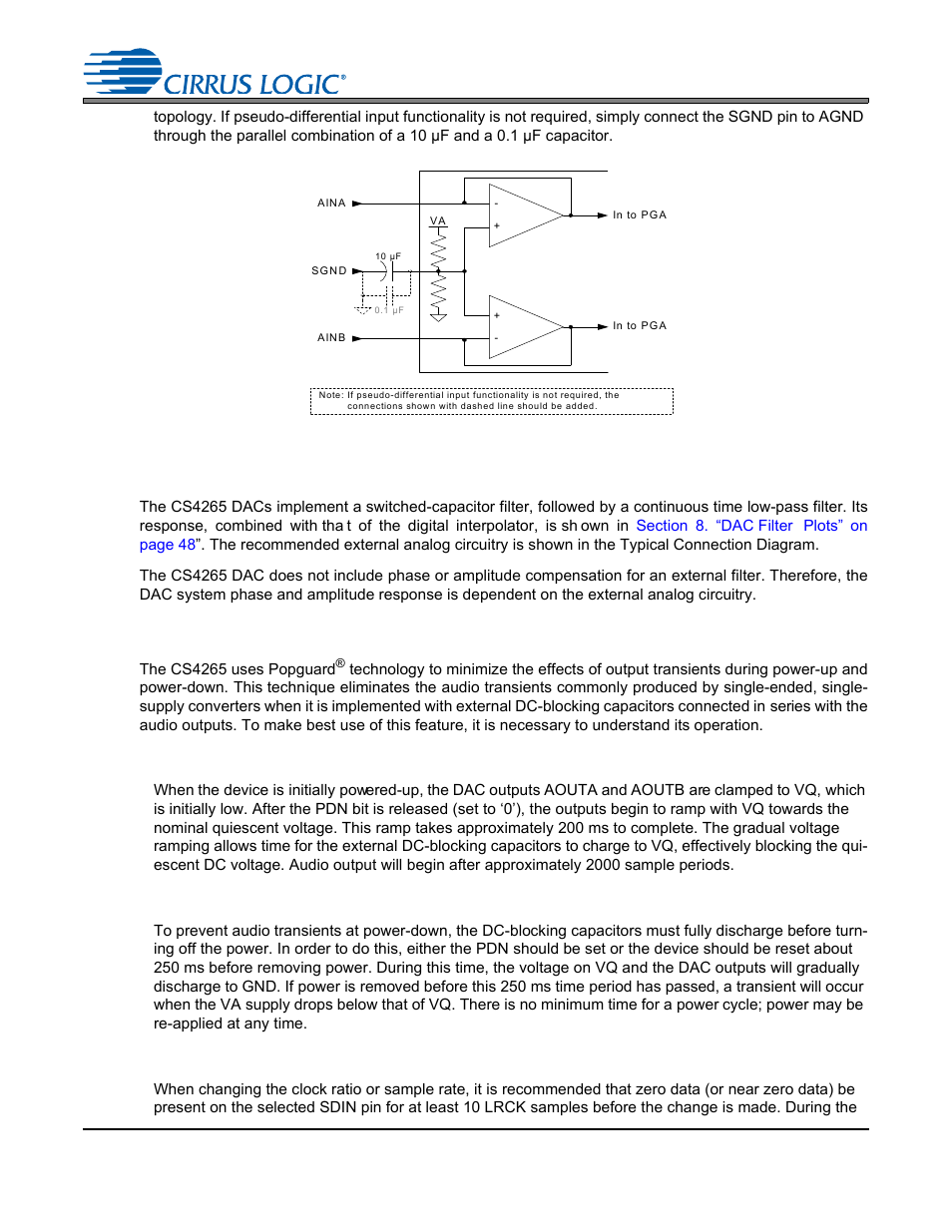 Figure 12. pseudo-differential input stage, 6 output connections, 7 output transient control | 1 power-up, 2 power-down, 3 serial interface clock changes, Figure 12.pseudo-differential input stage, Figure 12, Cs4265 | Cirrus Logic CS4265 User Manual | Page 28 / 57
