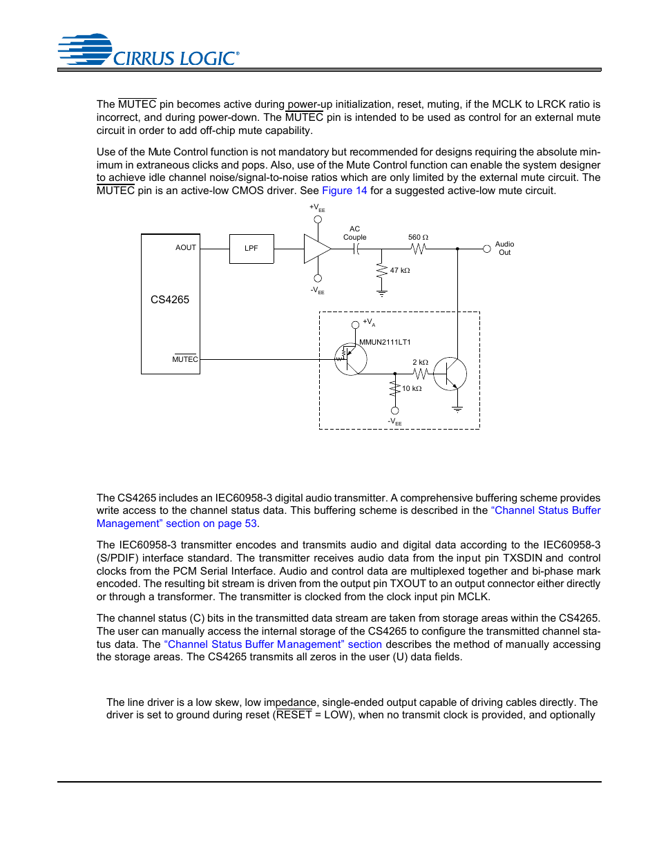 11 mute control, Figure 14. suggested active-low mute circuit, 12 aes3 transmitter | 1 txout driver, Figure 14.suggested active-low mute circuit, Cs4265 | Cirrus Logic CS4265 User Manual | Page 30 / 57