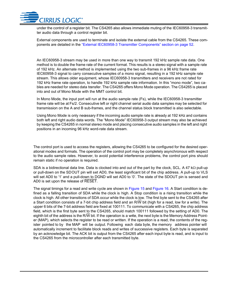 2 mono mode operation, 13 i·c control port description and timing, 13 i²c control port description and timing | Cs4265 | Cirrus Logic CS4265 User Manual | Page 31 / 57