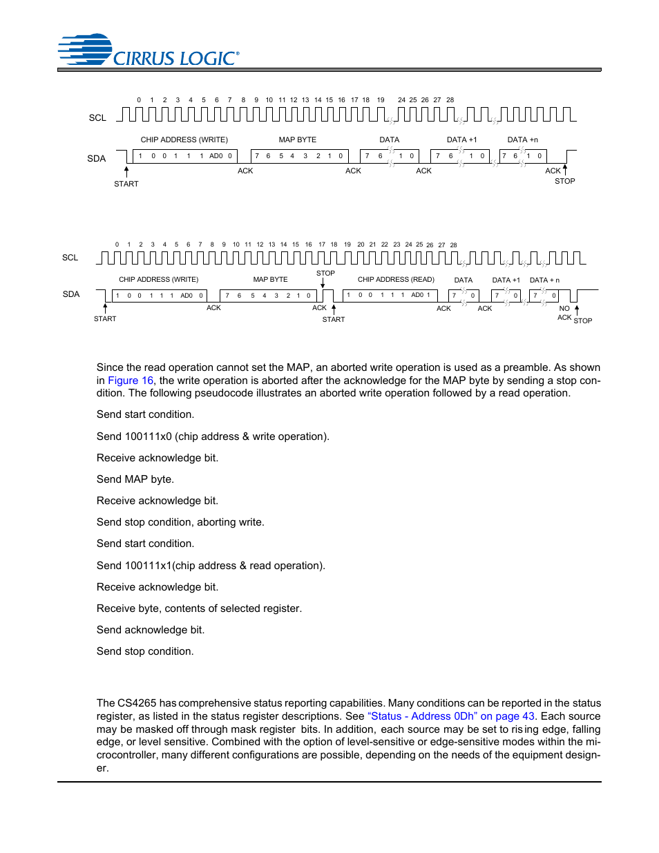 Figure 15. control port timing, i·c write, Figure 16. control port timing, i·c read, 14 status reporting | Figure 15.control port timing, i²c write, Figure 16.control port timing, i²c read, Figure 15, Figure 16, Cs4265 | Cirrus Logic CS4265 User Manual | Page 32 / 57