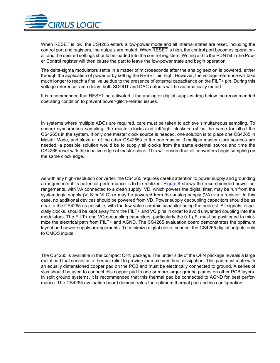 15 reset, 16 synchronization of multiple devices, 17 grounding and power supply decoupling | 18 package considerations, Cs4265 | Cirrus Logic CS4265 User Manual | Page 33 / 57