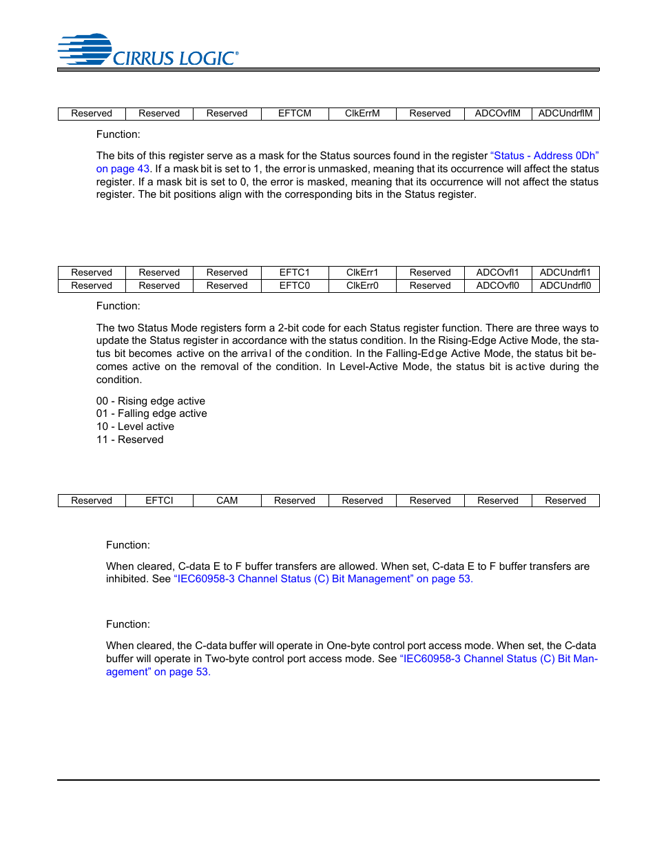 14 status mask - address 0eh, 15 status mode msb - address 0fh, 16 status mode lsb - address 10h | 17 transmitter control 1 - address 11h, 1 e to f c-data buffer transfer inhibit (bit 6), 2 c-data access mode (bit 5), Cs4265 | Cirrus Logic CS4265 User Manual | Page 44 / 57