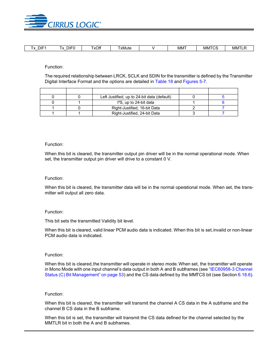 18 transmitter control 2 - address 12h, 1 transmitter digital interface format (bits 7:6), Table 18. transmitter digital interface formats | 2 transmitter output driver control (bit 5), 3 transmitter mute control (bit 4), 4 transmitted validity bit control (bit 3), 6 mono mode cs data source (bit 1), Cs4265 | Cirrus Logic CS4265 User Manual | Page 45 / 57