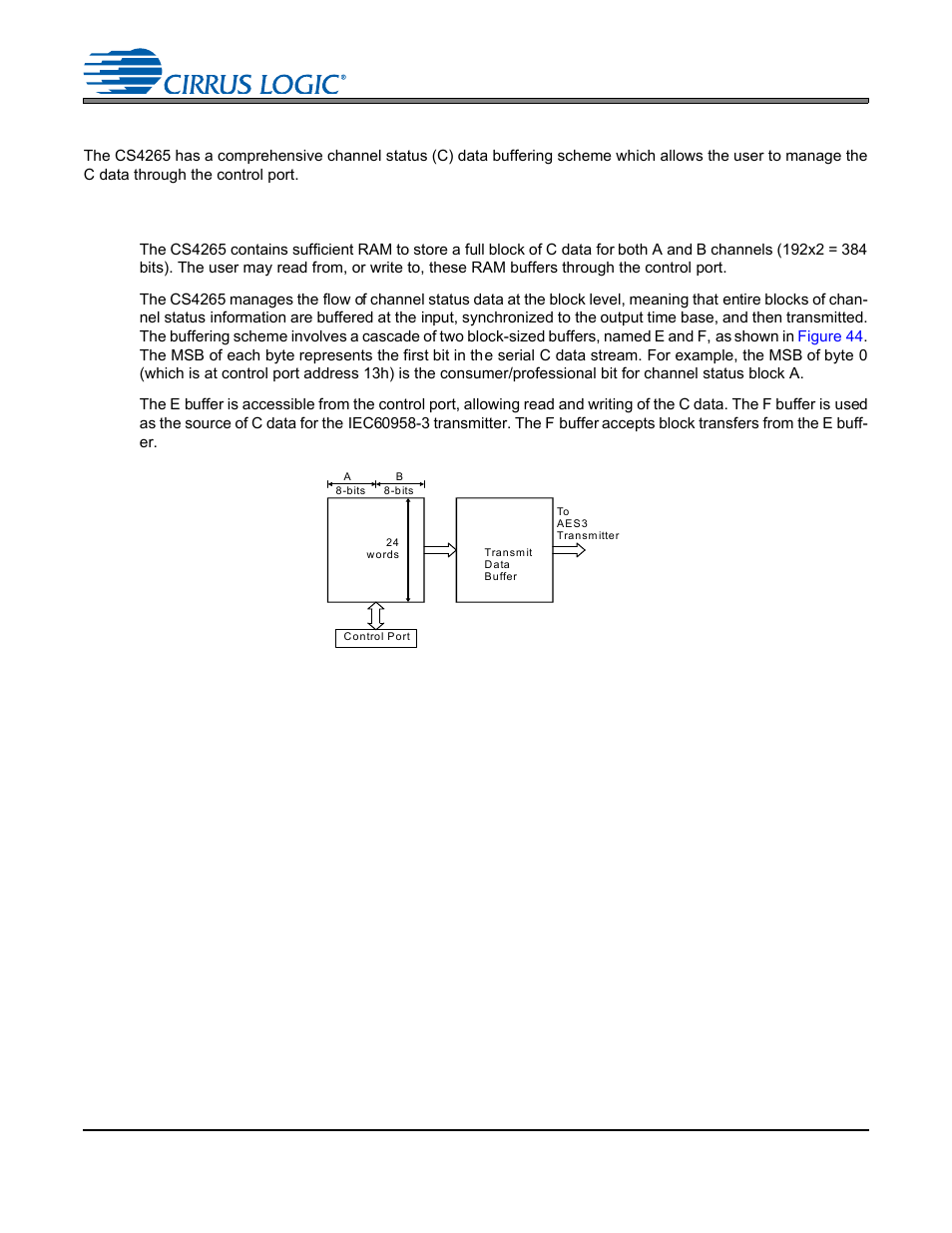 Channel status buffer management, 1 iec60958-3 channel status (c) bit management, Figure 44. channel status data buffer structure | Figure 44.channel status data buffer structure, Channel status buffer, Channel status buffer management” section, Channel status buffer management” on, Mode. see, Iec60958-3 channel status (c) bit man, Iec60958-3 channel | Cirrus Logic CS4265 User Manual | Page 53 / 57