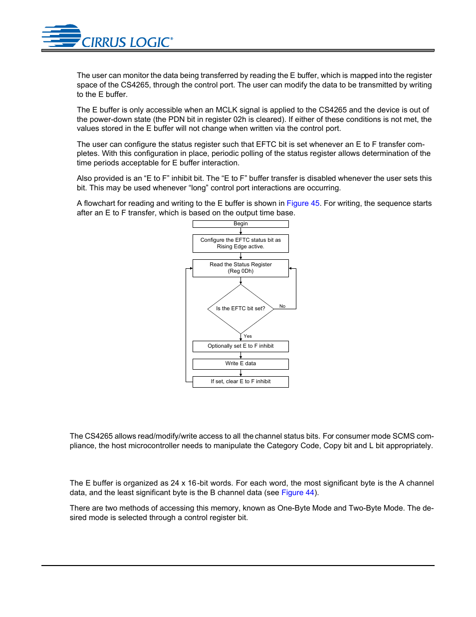 1 accessing the e buffer, Figure 45. flowchart for writing the e buffer, 2 serial copy management system (scms) | 3 channel status data e buffer access, Figure 45.flowchart for writing the e buffer, Cs4265 | Cirrus Logic CS4265 User Manual | Page 54 / 57