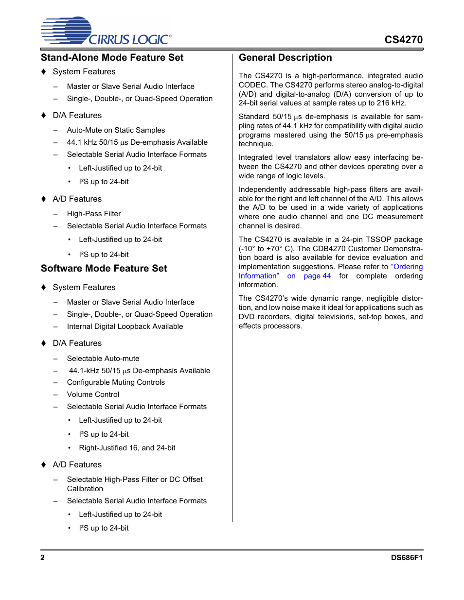 Cs4270, Stand-alone mode feature set, Software mode feature set | General description | Cirrus Logic CS4270 User Manual | Page 2 / 45