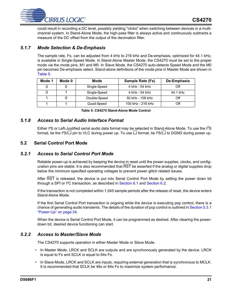 7 mode selection & de-emphasis, Table 5. cs4270 stand-alone mode control, 8 access to serial audio interface format | 2 serial control port mode, 1 access to serial control port mode, 2 access to master/slave mode, Cs4270 | Cirrus Logic CS4270 User Manual | Page 21 / 45