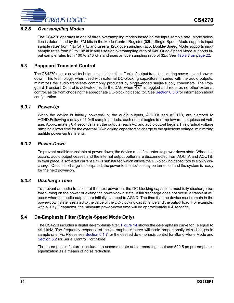 8 oversampling modes, 3 popguard transient control, 1 power-up | 2 power-down, 3 discharge time, 4 de-emphasis filter (single-speed mode only), Section 5.3.1, Cs4270 | Cirrus Logic CS4270 User Manual | Page 24 / 45
