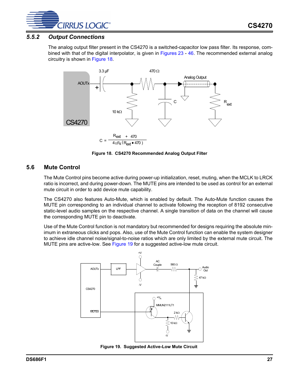 2 output connections, Figure 18. cs4270 recommended analog output filter, 6 mute control | Figure 19. suggested active-low mute circuit, Cs4270 | Cirrus Logic CS4270 User Manual | Page 27 / 45