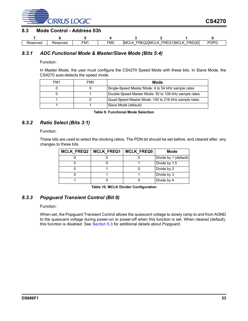 3 mode control - address 03h, Table 9. functional mode selection, 2 ratio select (bits 3:1) | Table 10. mclk divider configuration, 3 popguard transient control (bit 0), Section 8.3.3, P 33, Cs4270 | Cirrus Logic CS4270 User Manual | Page 33 / 45