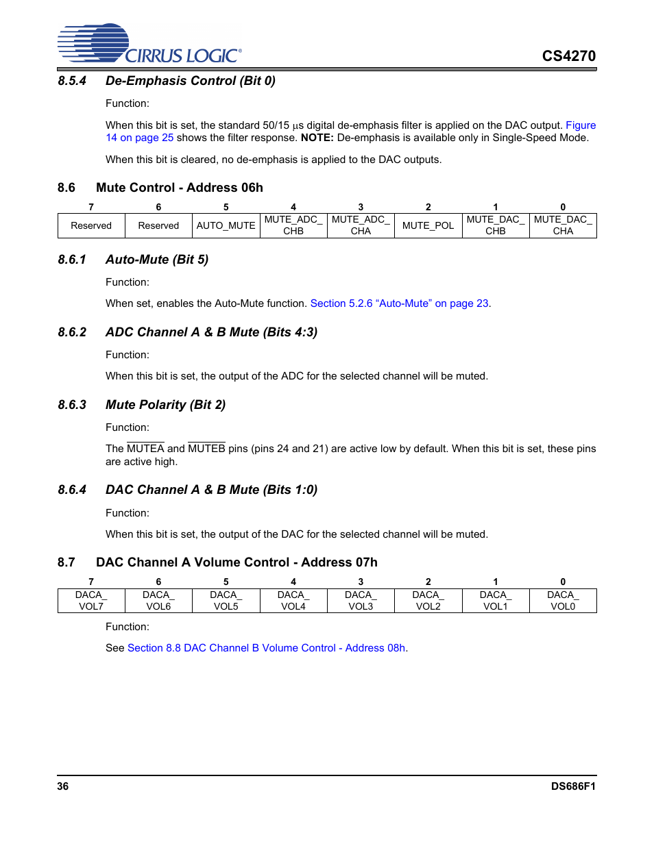4 de-emphasis control (bit 0), 6 mute control - address 06h, 1 auto-mute (bit 5) | 2 adc channel a & b mute (bits 4:3), 3 mute polarity (bit 2), 4 dac channel a & b mute (bits 1:0), 7 dac channel a volume control - address 07h, P 36, Cs4270 | Cirrus Logic CS4270 User Manual | Page 36 / 45