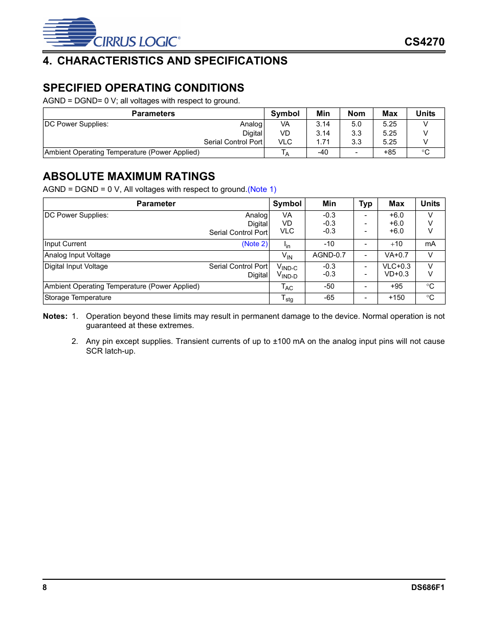 Characteristics and specifications, Specified operating conditions, Absolute maximum ratings | Cirrus Logic CS4270 User Manual | Page 8 / 45