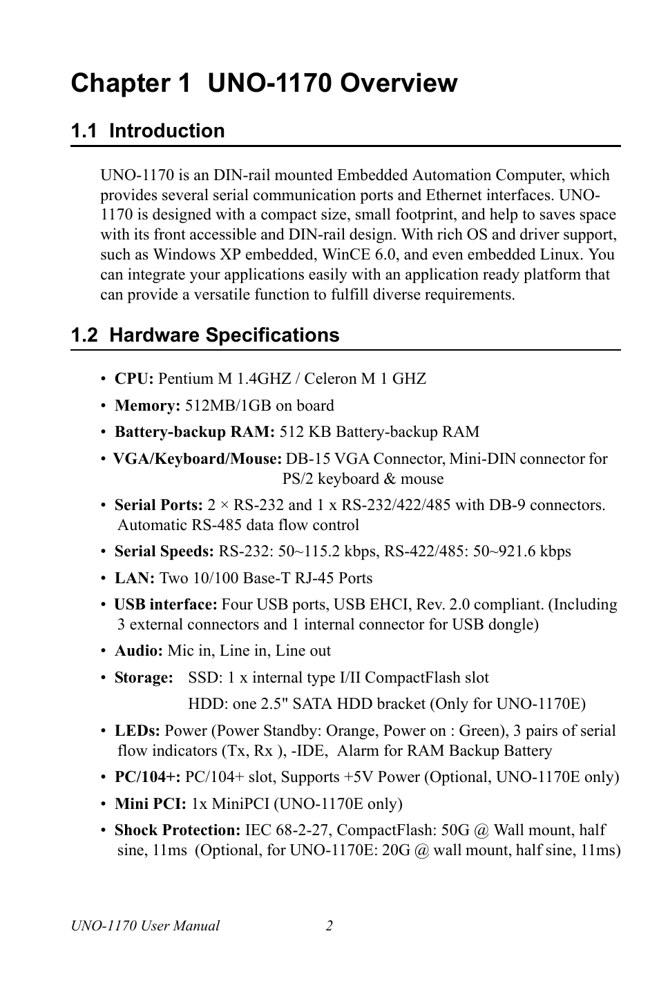 Chapter 1 uno-1170 overview, 1 introduction, 2 hardware specifications | Chapter, 1 uno-1170 overview, Introduction, Hardware specifications | Advantech UNO-1170E User Manual | Page 10 / 52