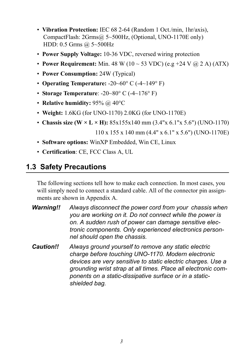3 safety precautions, Safety precautions | Advantech UNO-1170E User Manual | Page 11 / 52