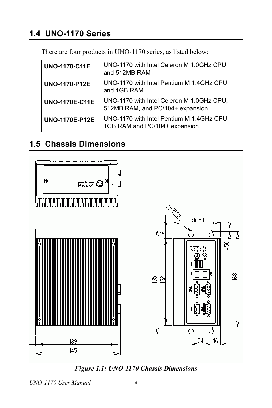 4 uno-1170 series, 5 chassis dimensions, Figure 1.1: uno-1170 chassis dimensions | Uno-1170 series, Chassis dimensions, Figure 1.1:uno-1170 chassis dimensions | Advantech UNO-1170E User Manual | Page 12 / 52