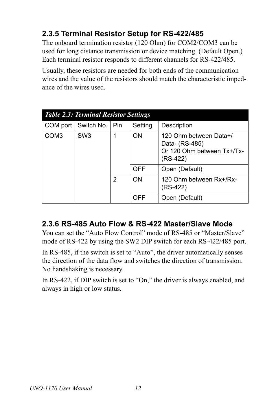 5 terminal resistor setup for rs-422/485, Terminal resistor settings, Terminal resistor setup for rs-422/485 | Advantech UNO-1170E User Manual | Page 20 / 52
