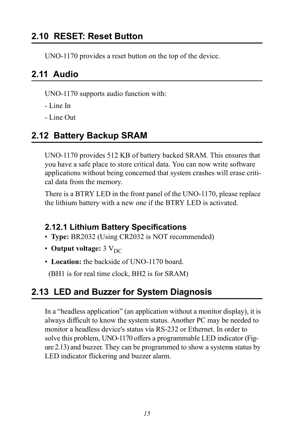 10 reset: reset button, 11 audio, 13 led and buzzer for system diagnosis | Reset: reset button, Audio, Led and buzzer for system diagnosis, 12 battery backup sram | Advantech UNO-1170E User Manual | Page 23 / 52