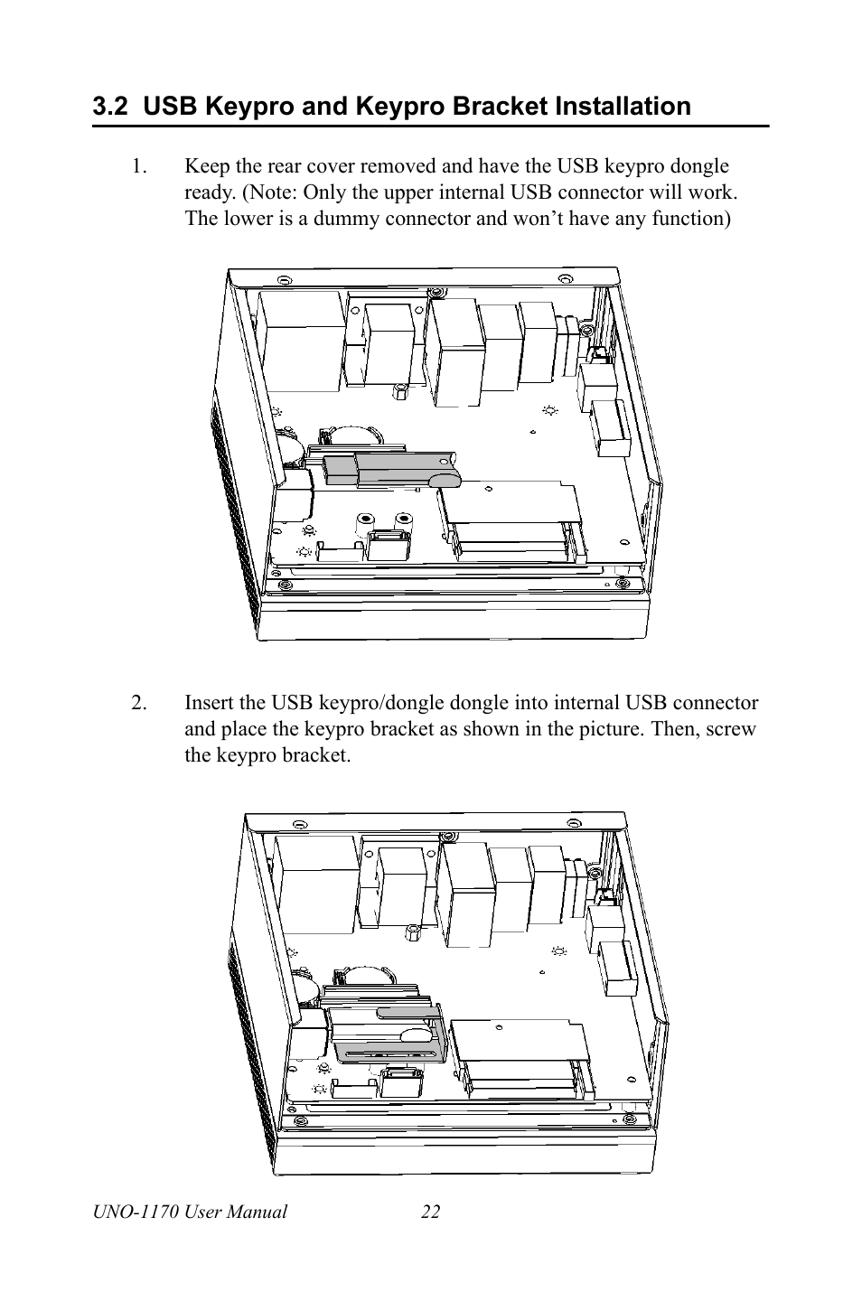2 usb keypro and keypro bracket installation, Usb keypro and keypro bracket installation | Advantech UNO-1170E User Manual | Page 30 / 52
