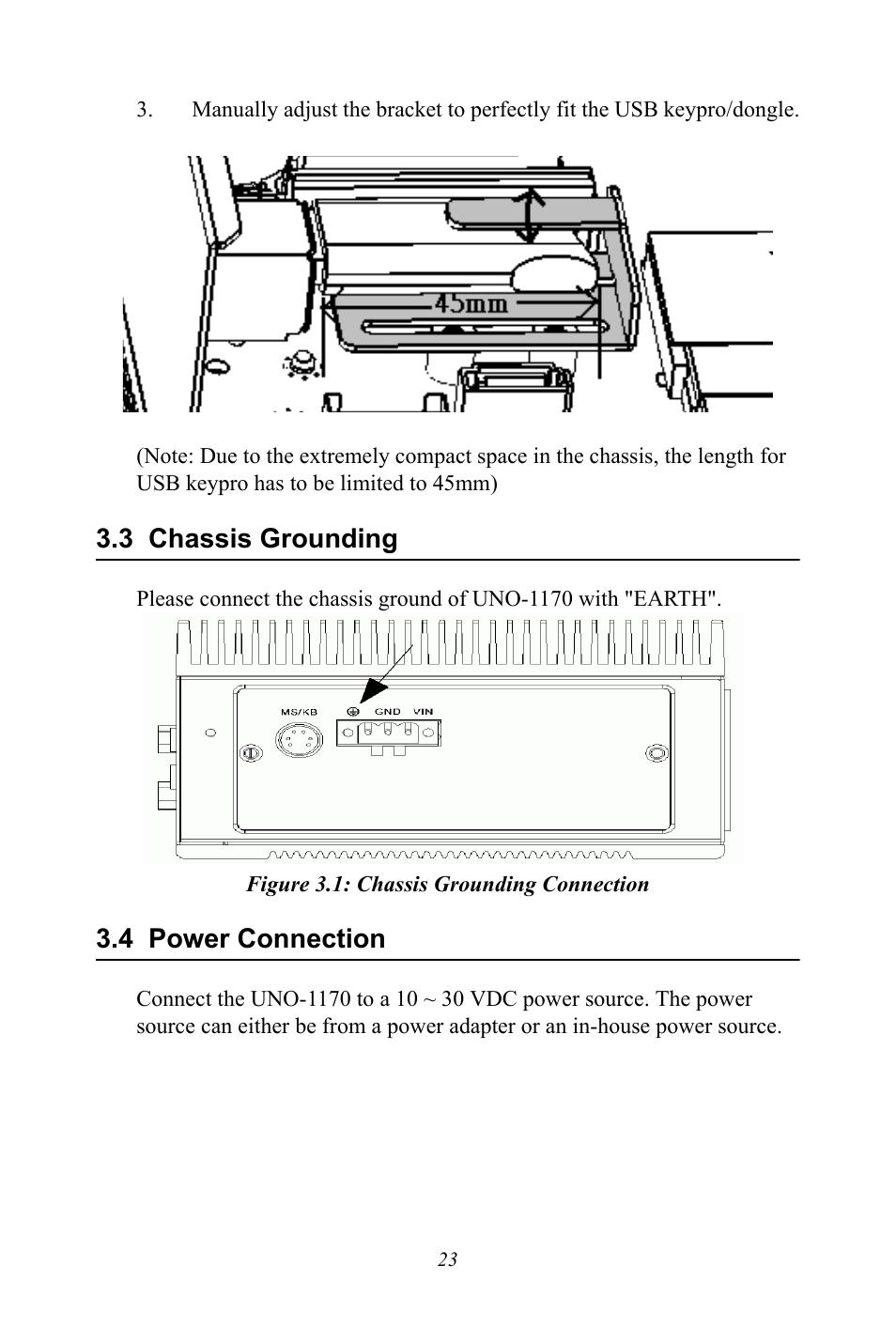 3 chassis grounding, Figure 3.1: chassis grounding connection, 4 power connection | Chassis grounding, Figure 3.1:chassis grounding connection, Power connection | Advantech UNO-1170E User Manual | Page 31 / 52