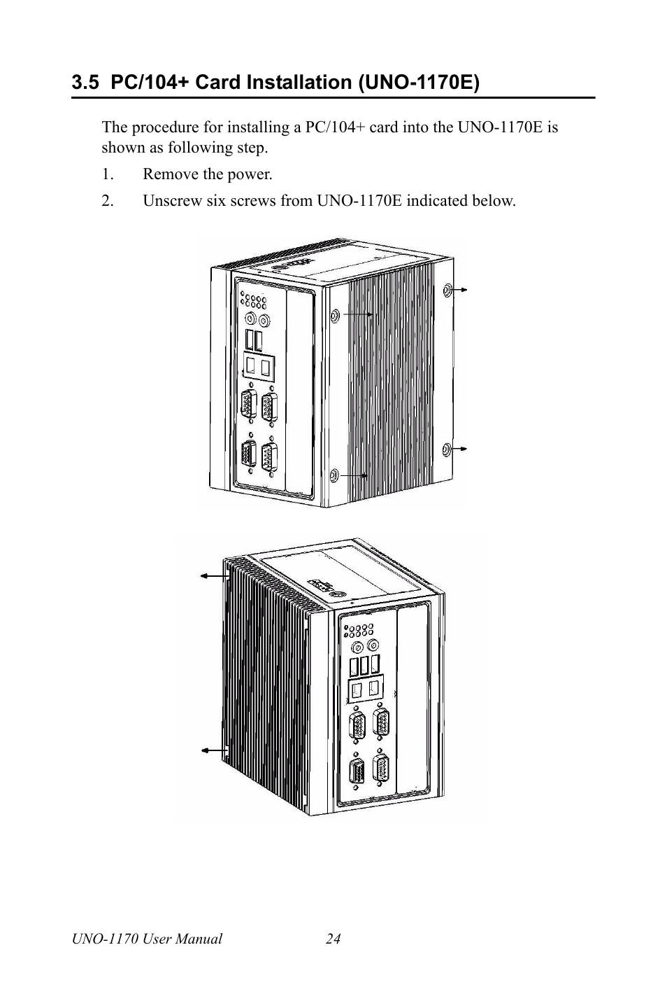 5 pc/104+ card installation (uno-1170e), Pc/104+ card installation (uno-1170e) | Advantech UNO-1170E User Manual | Page 32 / 52