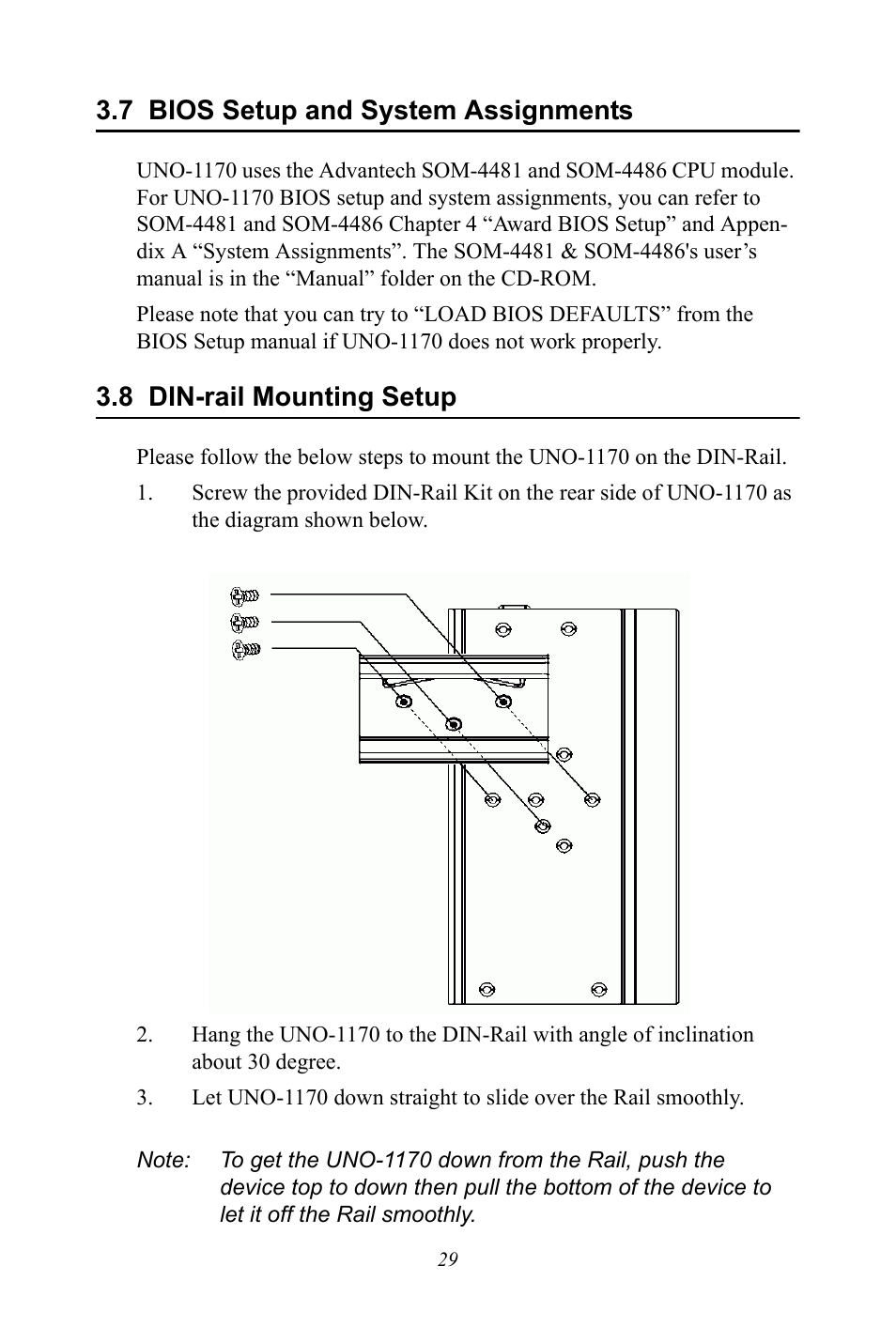 7 bios setup and system assignments, 8 din-rail mounting setup, Bios setup and system assignments | Din-rail mounting setup | Advantech UNO-1170E User Manual | Page 37 / 52