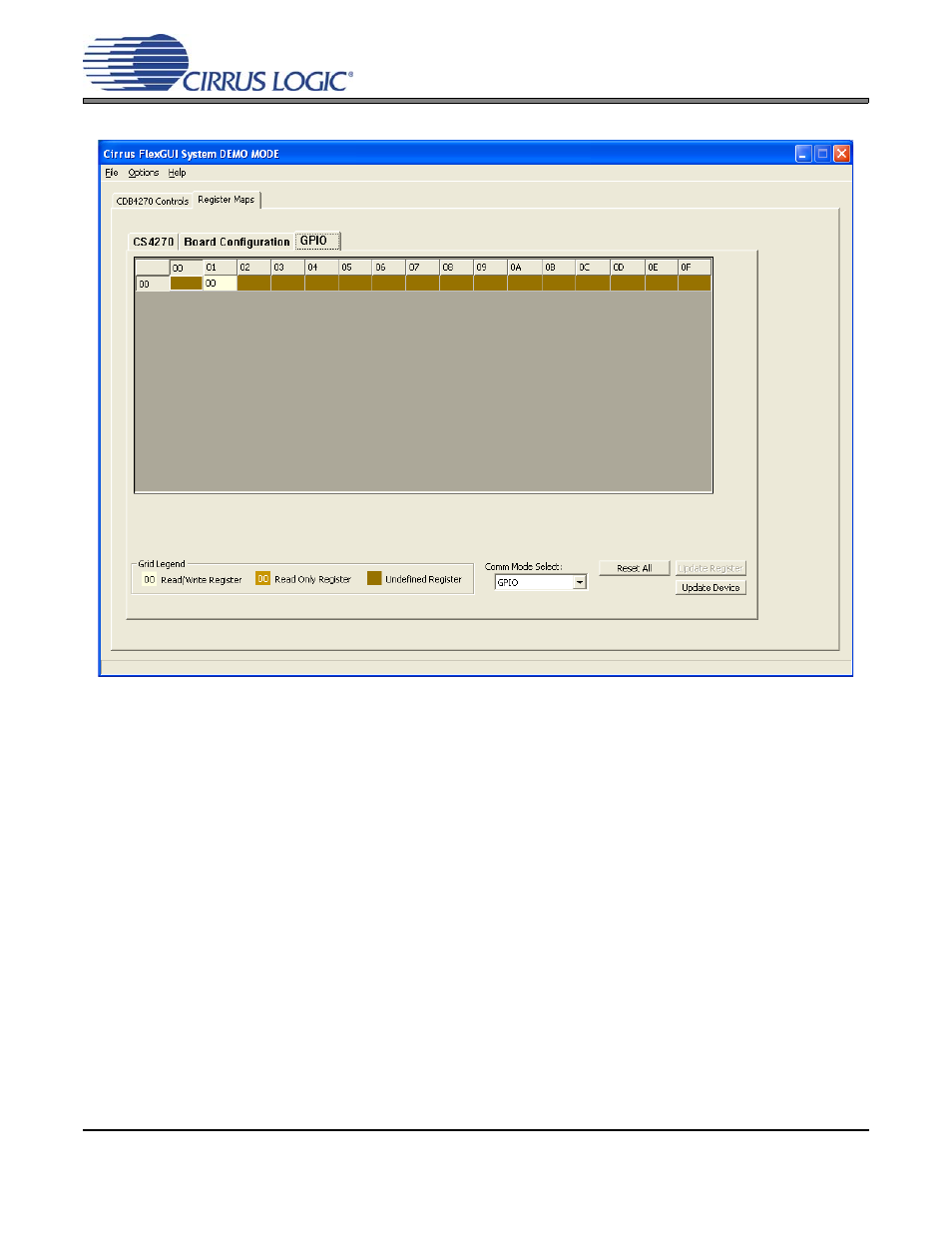Figure 10. register maps tab - gpio, Figure 10.register maps tab - gpio, Cdb4270 | Cirrus Logic CDB4270 User Manual | Page 17 / 50