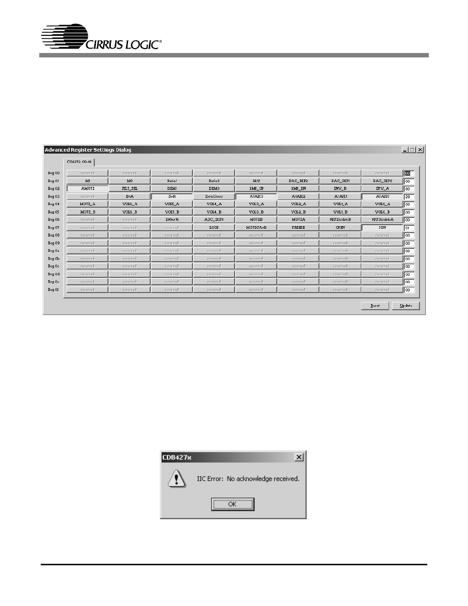 2 advanced window, Figure 3. advanced window, 3 i·c mode no acknowledge error | Figure 4. i·c error message, Cdb4272 | Cirrus Logic CDB4272 User Manual | Page 14 / 29