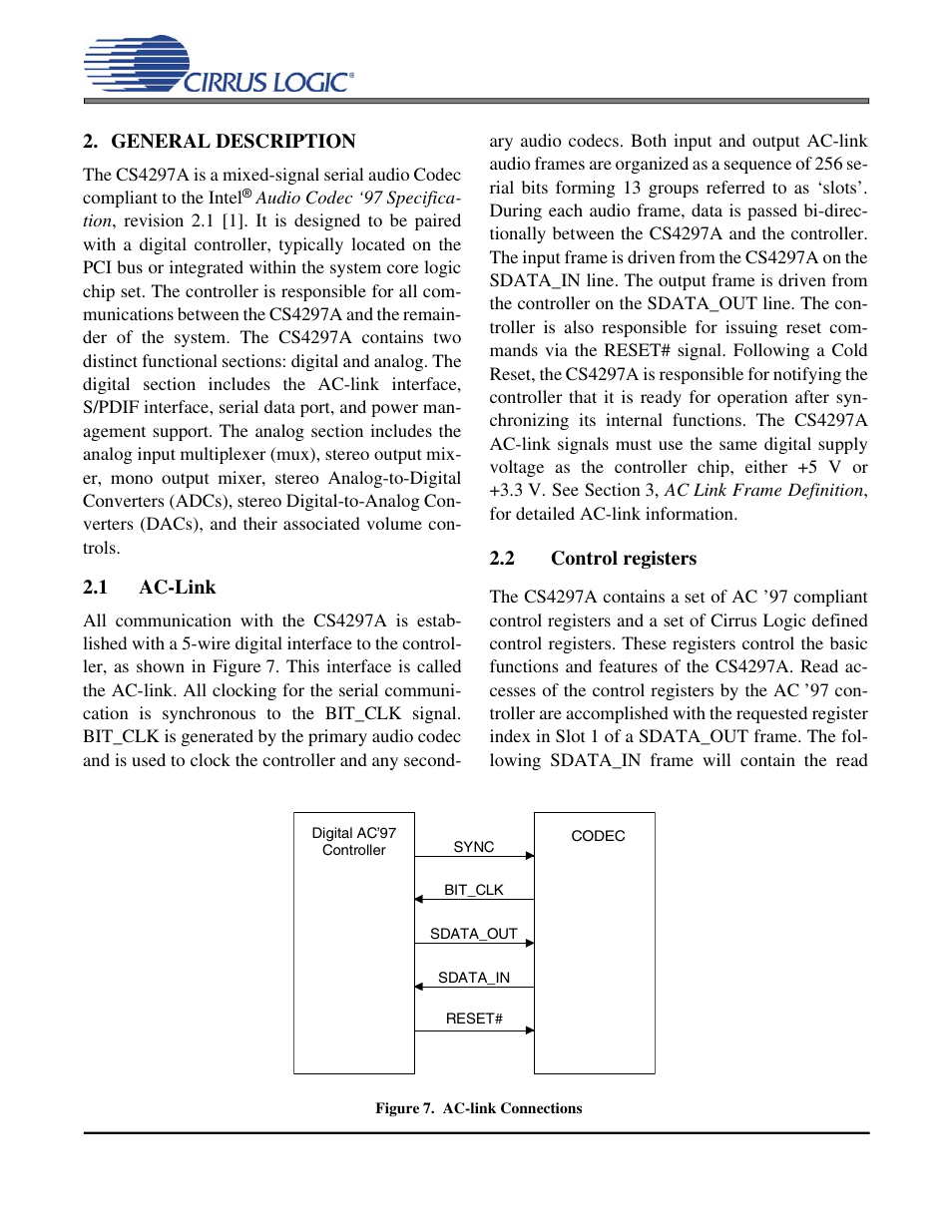 General description, 1 ac-link, Figure 7. ac-link connections | 2 control registers, Cs4297a | Cirrus Logic CS4297A User Manual | Page 10 / 52