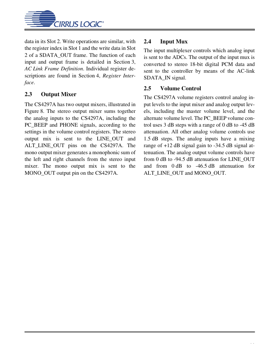 3 output mixer, 4 input mux, 5 volume control | Cs4297a | Cirrus Logic CS4297A User Manual | Page 11 / 52