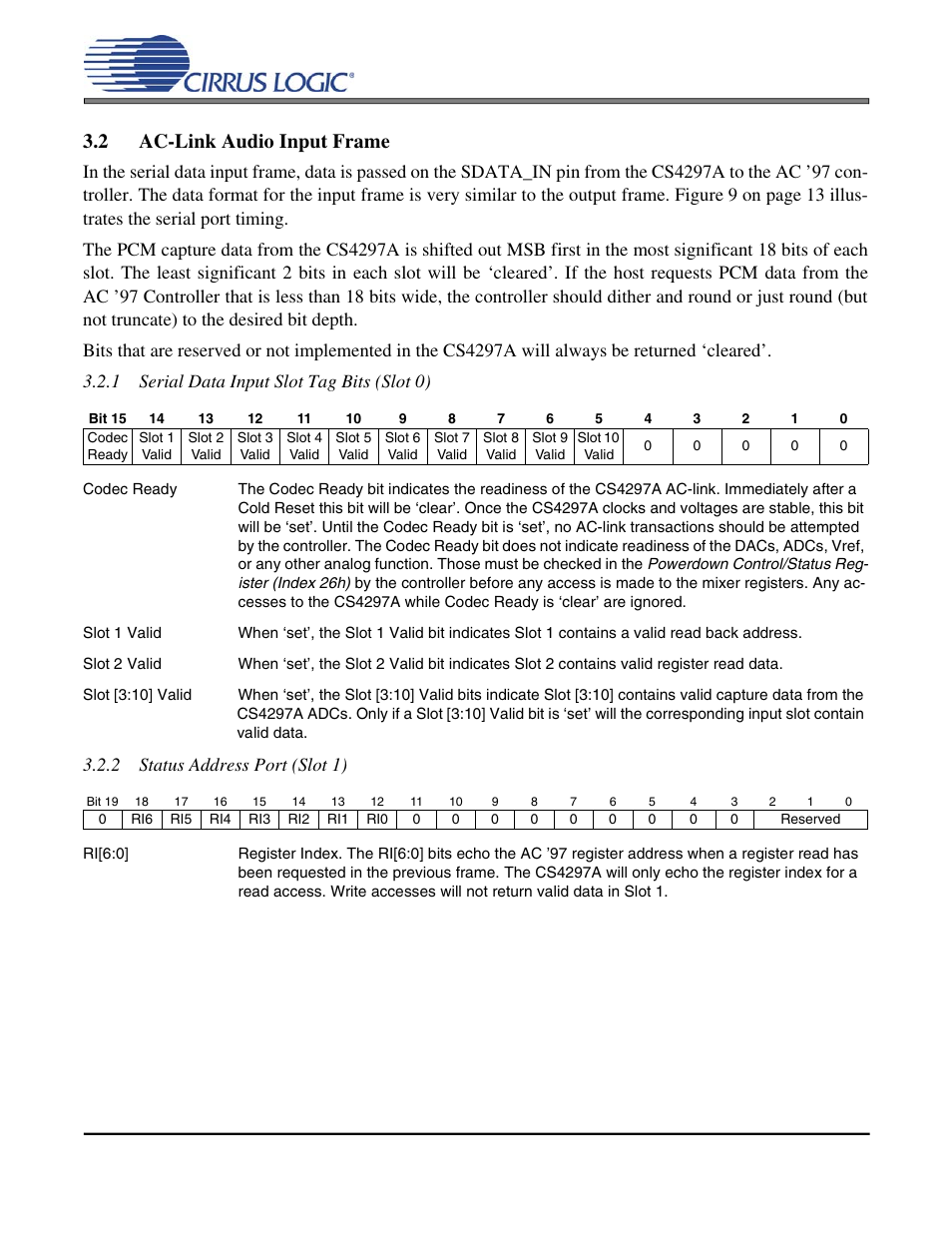 2 ac-link audio input frame, Cs4297a, 2 status address port (slot 1) | Cirrus Logic CS4297A User Manual | Page 16 / 52