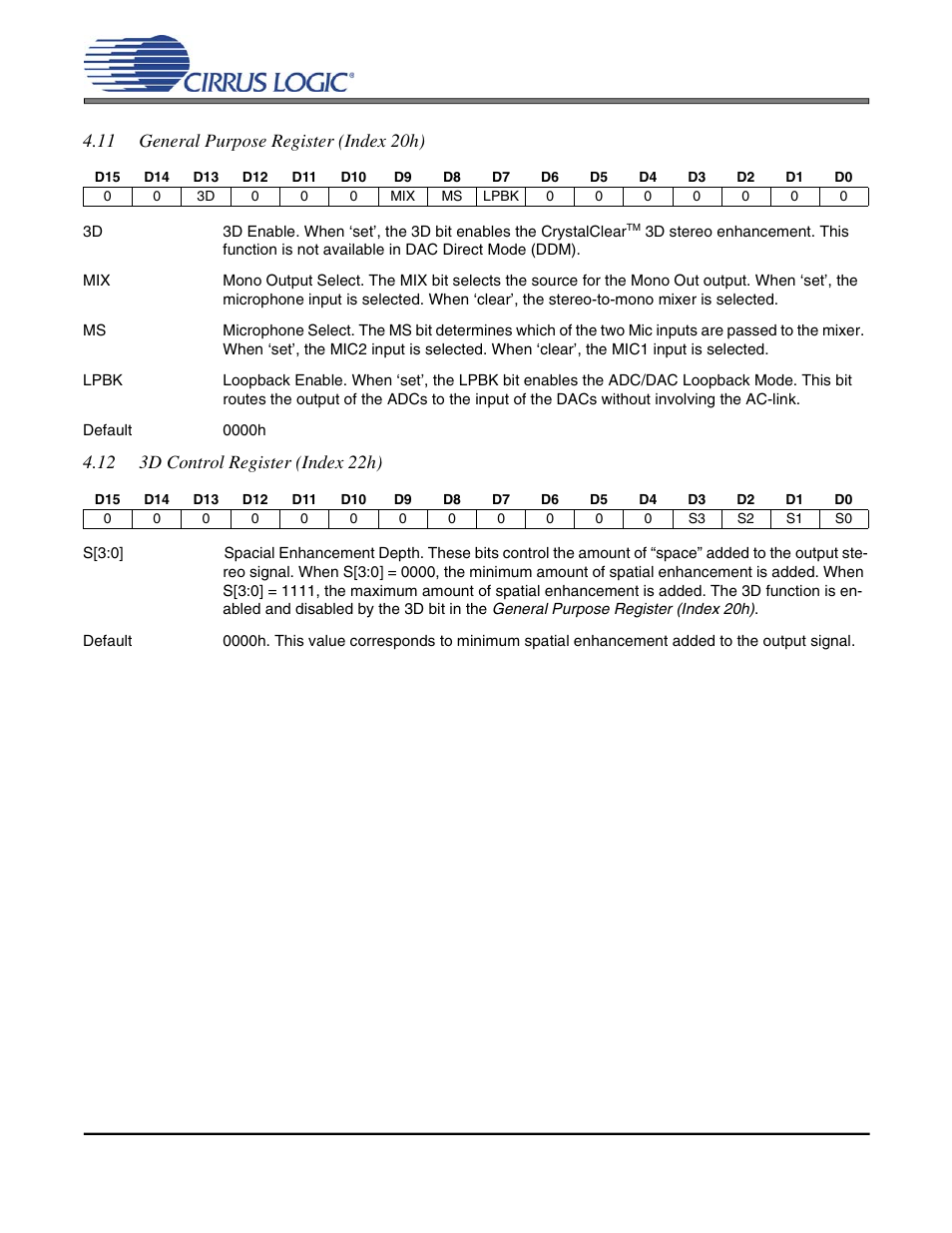Cs4297a, 11 general purpose register (index 20h) | Cirrus Logic CS4297A User Manual | Page 26 / 52