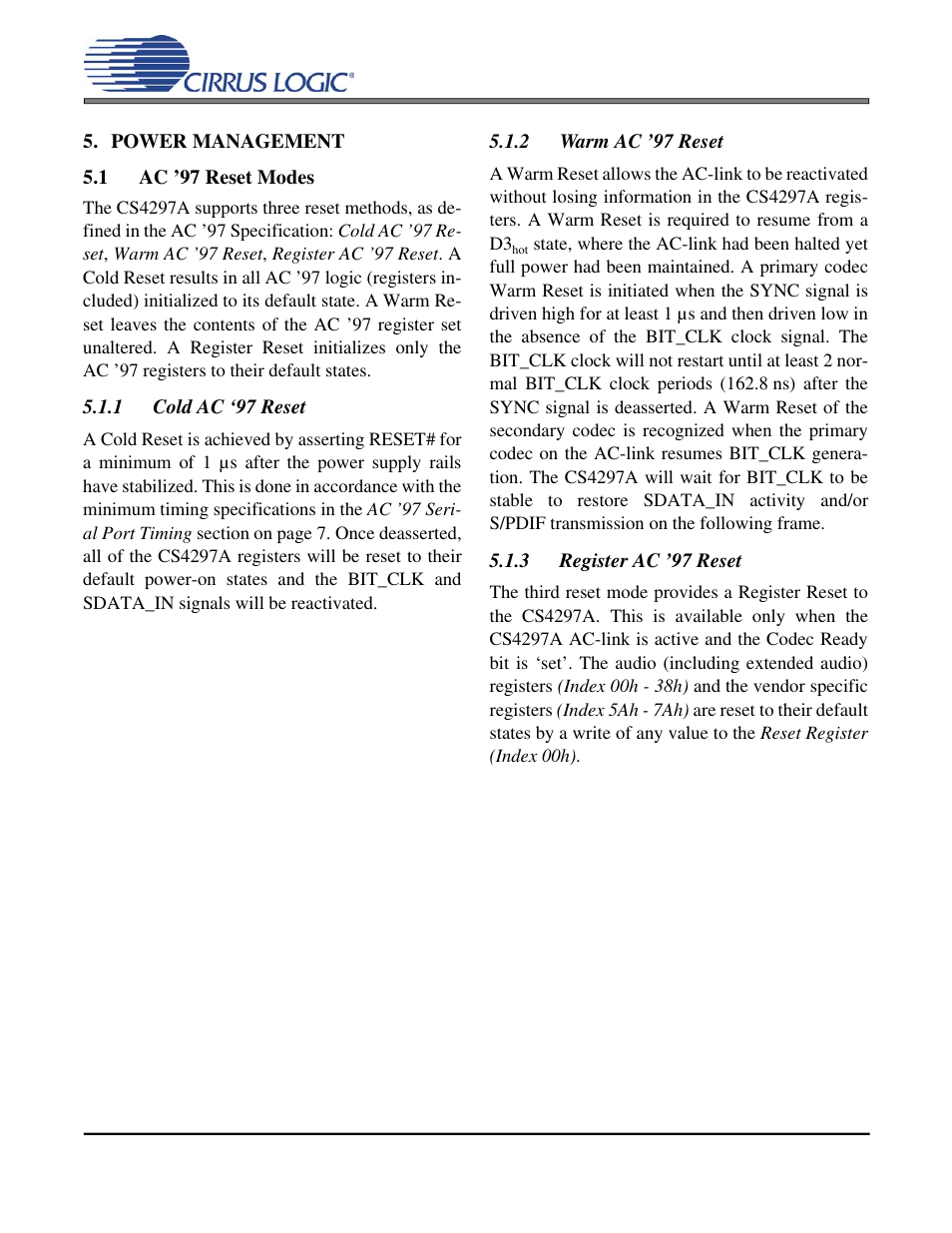 Power management, 1 ac’97 reset modes, 1 cold ac‘97 reset | 2 warm ac’97 reset, 3 register ac’97 reset, Cs4297a | Cirrus Logic CS4297A User Manual | Page 32 / 52