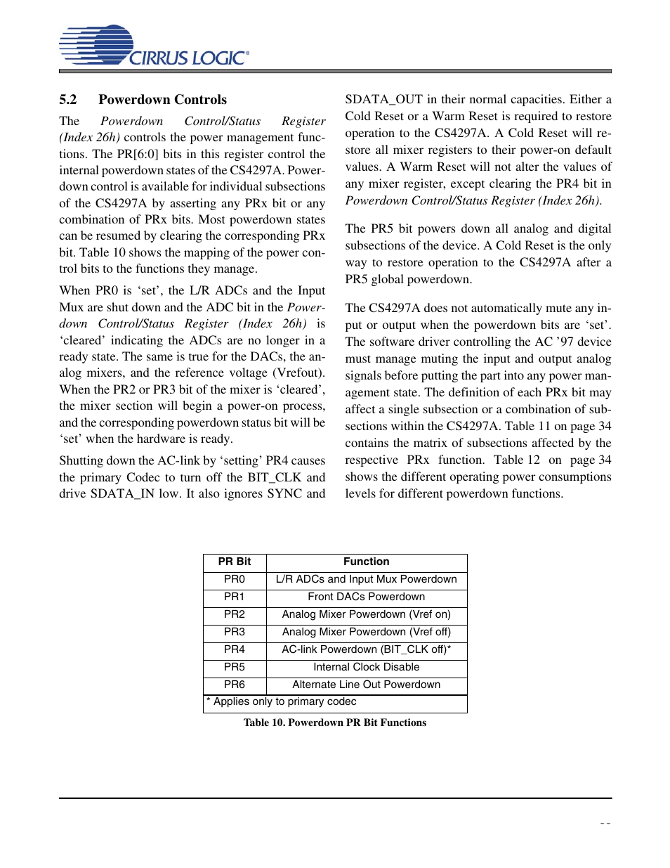 2 powerdown controls, Table 10. powerdown pr bit functions, Cs4297a | Cirrus Logic CS4297A User Manual | Page 33 / 52
