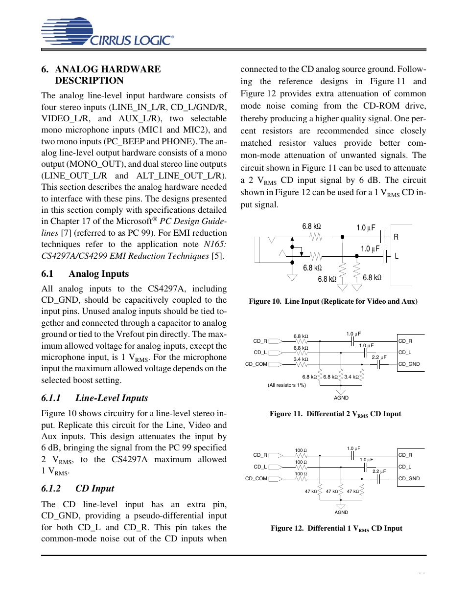 Analog hardware description, 1 analog inputs, 1 line-level inputs | 2 cd input, Figure 11. differential 2 vrms cd input, Figure 12. differential 1 vrms cd input, Cs4297a, Cd in- put signal | Cirrus Logic CS4297A User Manual | Page 35 / 52