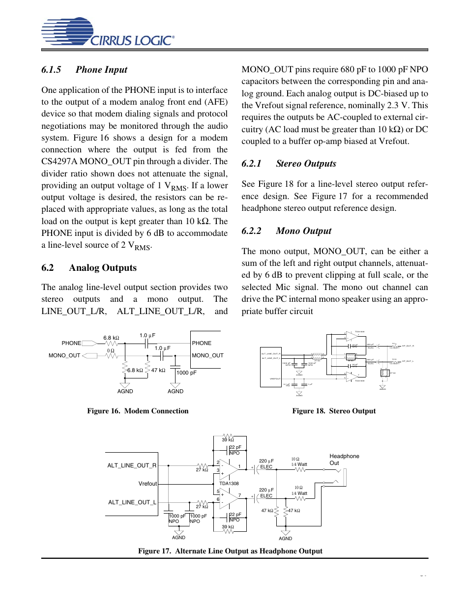 5 phone input, Figure 16. modem connection, 2 analog outputs | 1 stereo outputs, 2 mono output, Figure 18. stereo output, Cs4297a | Cirrus Logic CS4297A User Manual | Page 37 / 52