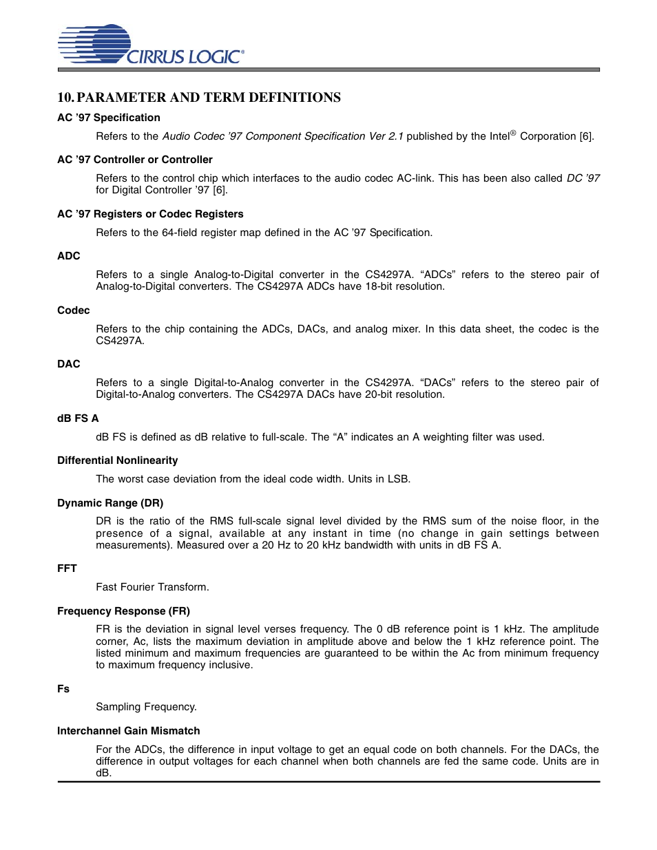 Parameter and term definitions, Section 10 , parameter and term definitions, The section 10 | Cs4297a | Cirrus Logic CS4297A User Manual | Page 46 / 52
