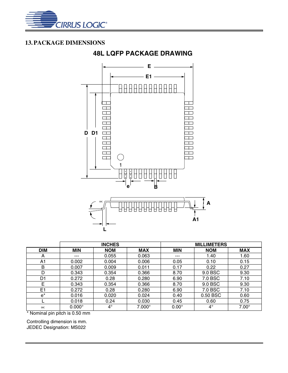 Package dimensions, Cs4297a, 48l lqfp package drawing | Cirrus Logic CS4297A User Manual | Page 50 / 52