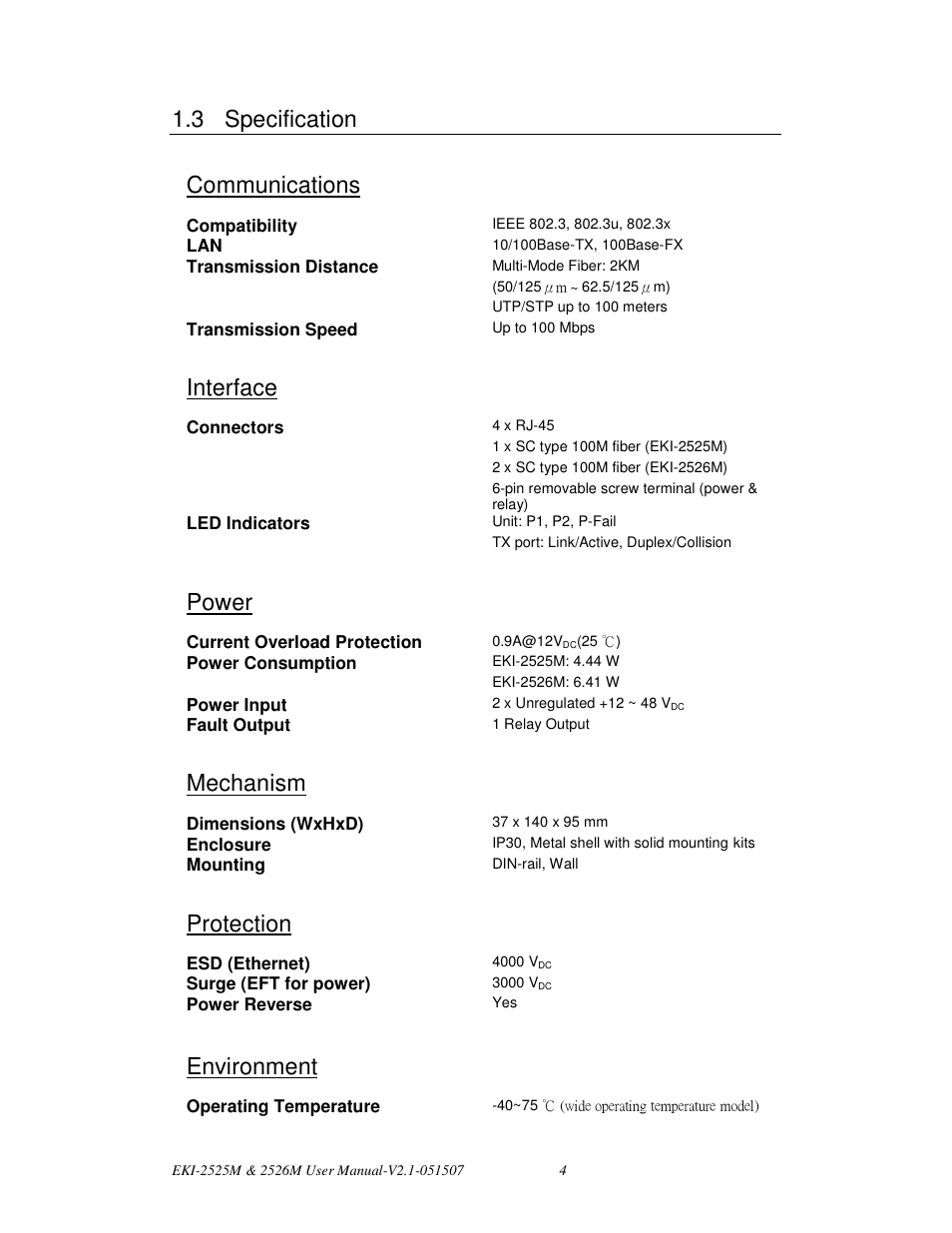 3 specification, Communications, Interface | Power, Mechanism, Protection, Environment | Advantech EKI-2526M User Manual | Page 12 / 30