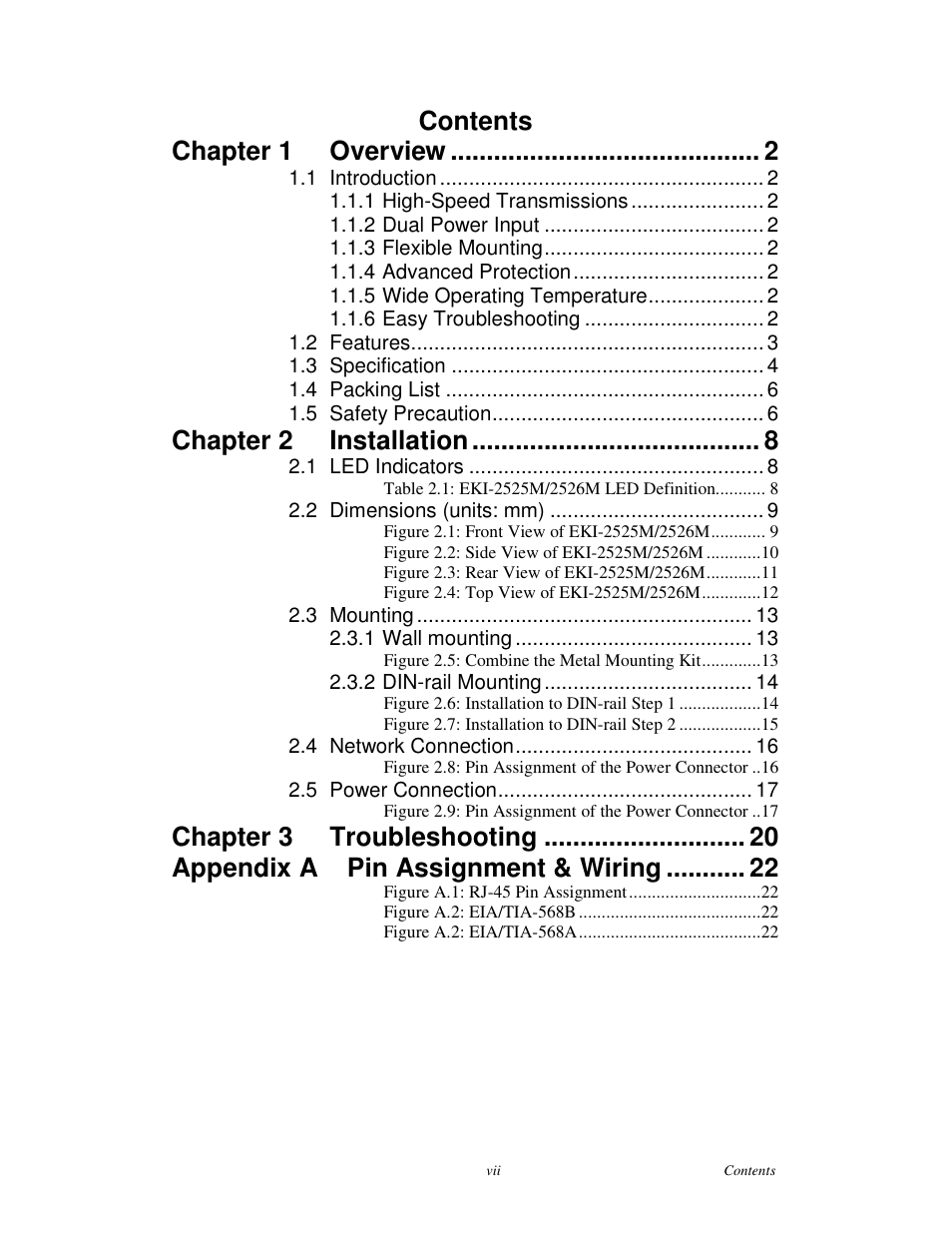 Contents chapter 1, Overview, Chapter 2 | Installation, Chapter 3, Troubleshooting, Appendix a pin assignment & wiring | Advantech EKI-2526M User Manual | Page 7 / 30