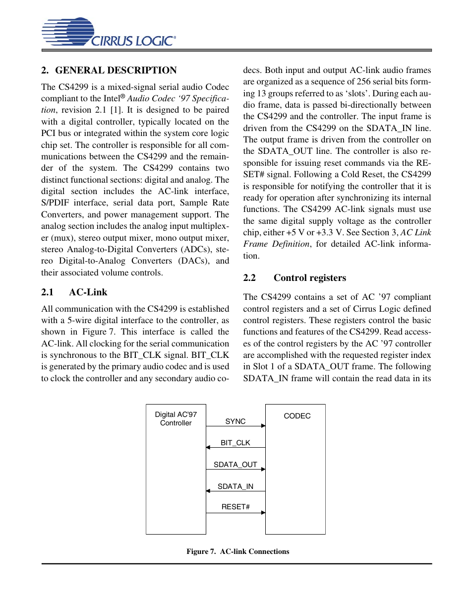 General description, 1 ac-link, Figure 7. ac-link connections | 2 control registers, Cs4299 | Cirrus Logic CS4299 User Manual | Page 10 / 52