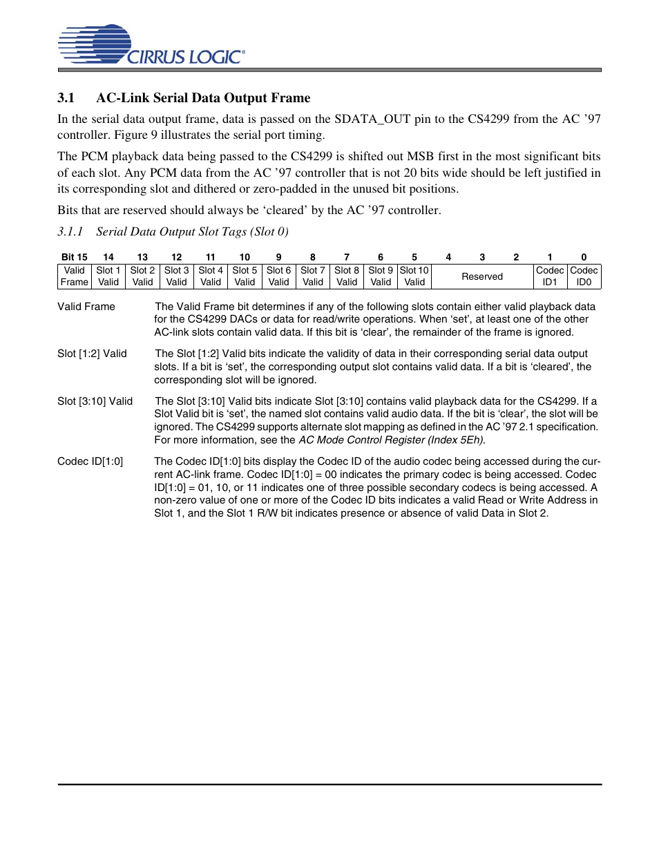 1 ac-link serial data output frame, Cs4299 | Cirrus Logic CS4299 User Manual | Page 14 / 52