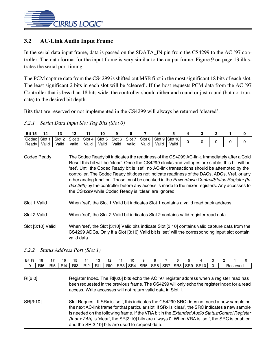 2 ac-link audio input frame, Cs4299, 2 status address port (slot 1) | Cirrus Logic CS4299 User Manual | Page 16 / 52