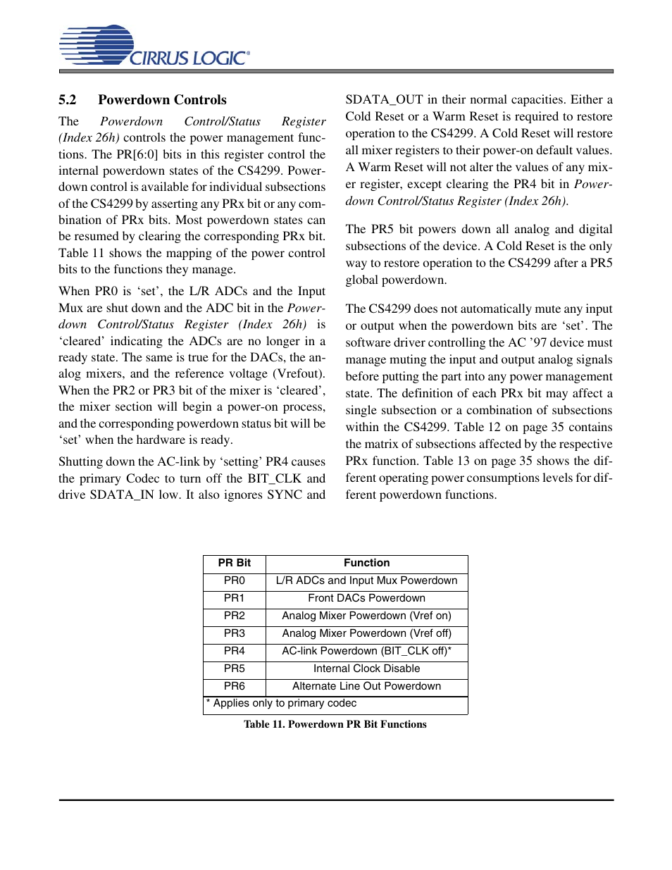 2 powerdown controls, Table 11. powerdown pr bit functions, Cs4299 | Cirrus Logic CS4299 User Manual | Page 34 / 52