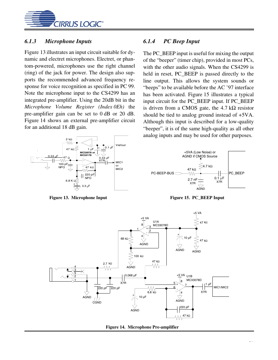 3 microphone inputs, Figure 13. microphone input, Figure 14. microphone pre-amplifier | 4 pc beep input, Figure 15. pc_beep input, Cs4299 | Cirrus Logic CS4299 User Manual | Page 37 / 52