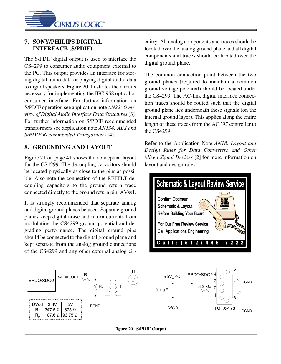 Cs4299, Sony/philips digital interface (s/pdif), Grounding and layout | Cirrus Logic CS4299 User Manual | Page 40 / 52