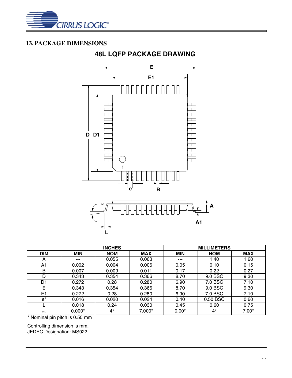 Package dimensions, Cs4299, 48l lqfp package drawing | Cirrus Logic CS4299 User Manual | Page 51 / 52