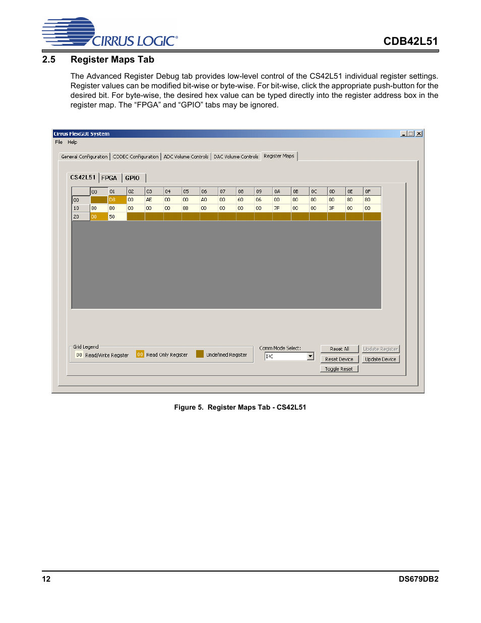 5 register maps tab, Figure 5. register maps tab - cs42l51, Cdb42l51 | Cirrus Logic CDB42L51 User Manual | Page 12 / 29