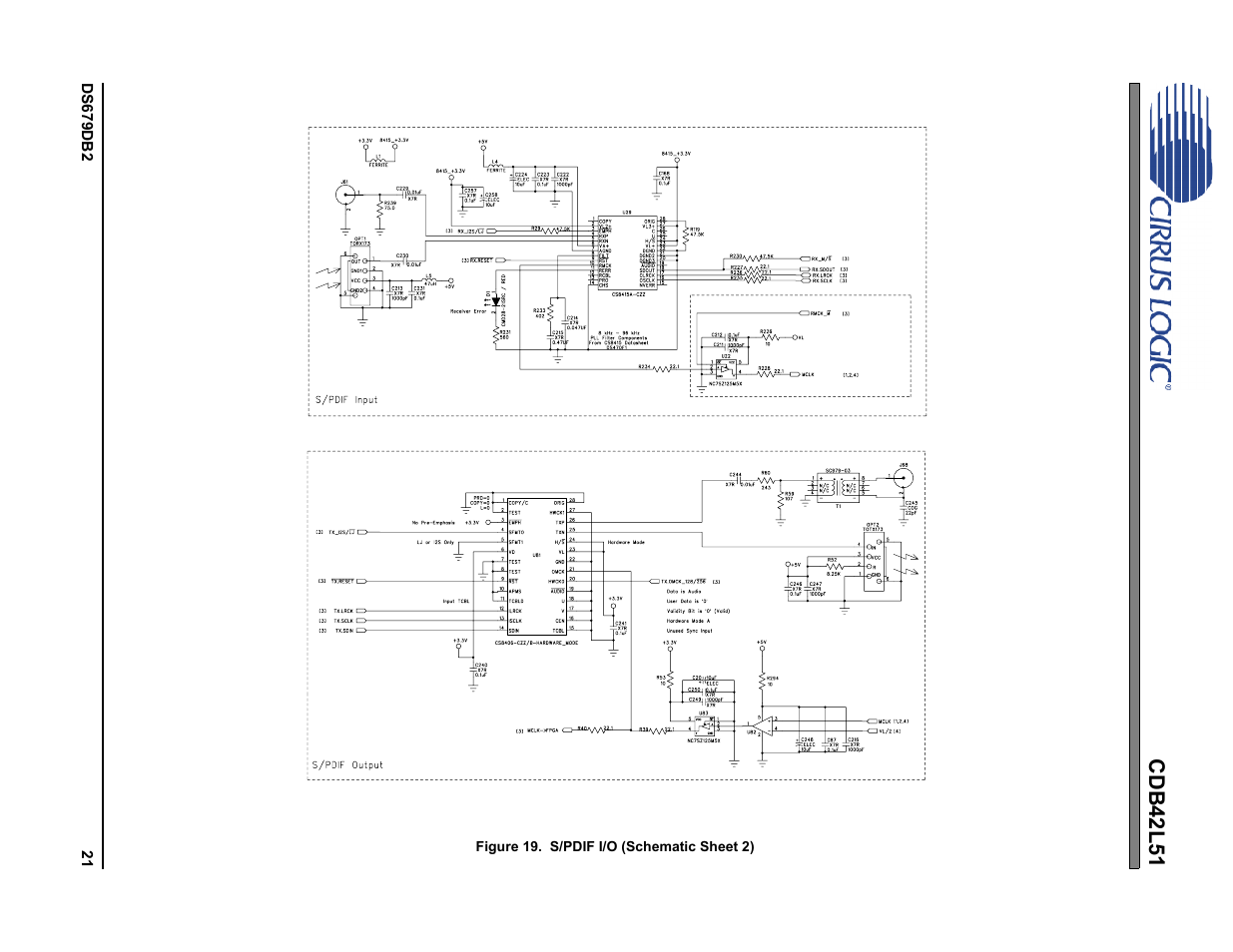 Figure 19. s/pdif i/o (schematic sheet 2), Cdb42l51 | Cirrus Logic CDB42L51 User Manual | Page 21 / 29