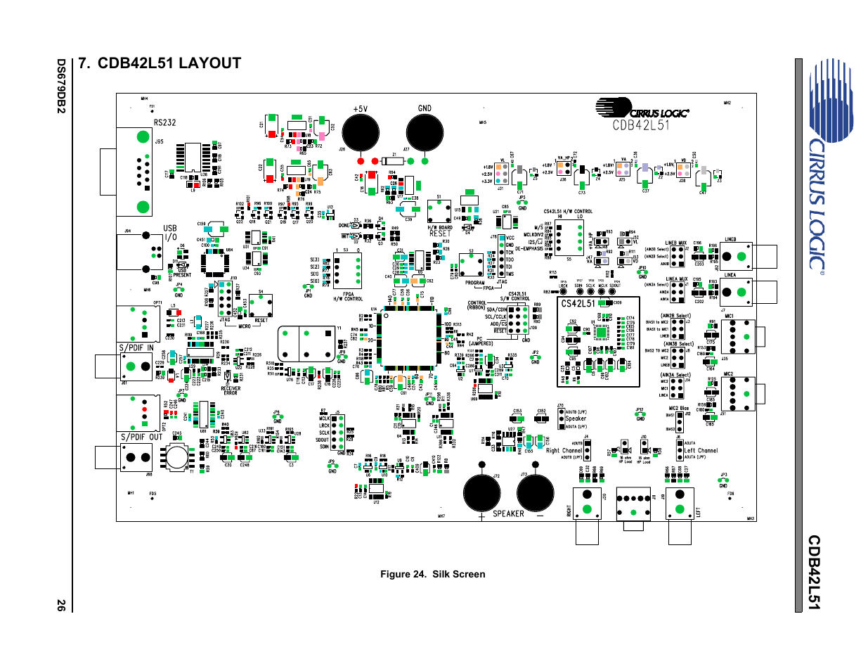 Cdb42l51 layout, Figure 24. silk screen | Cirrus Logic CDB42L51 User Manual | Page 26 / 29